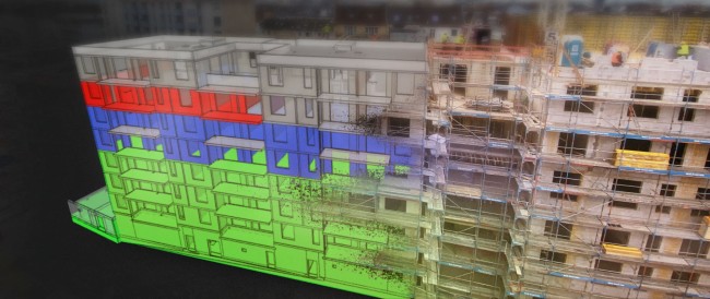 Ein BIM 3D Modell fusioniert mit einem Bild einer echten Baustelle